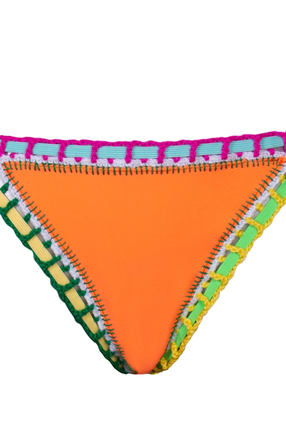 An orange bikini bottom against a white wall.