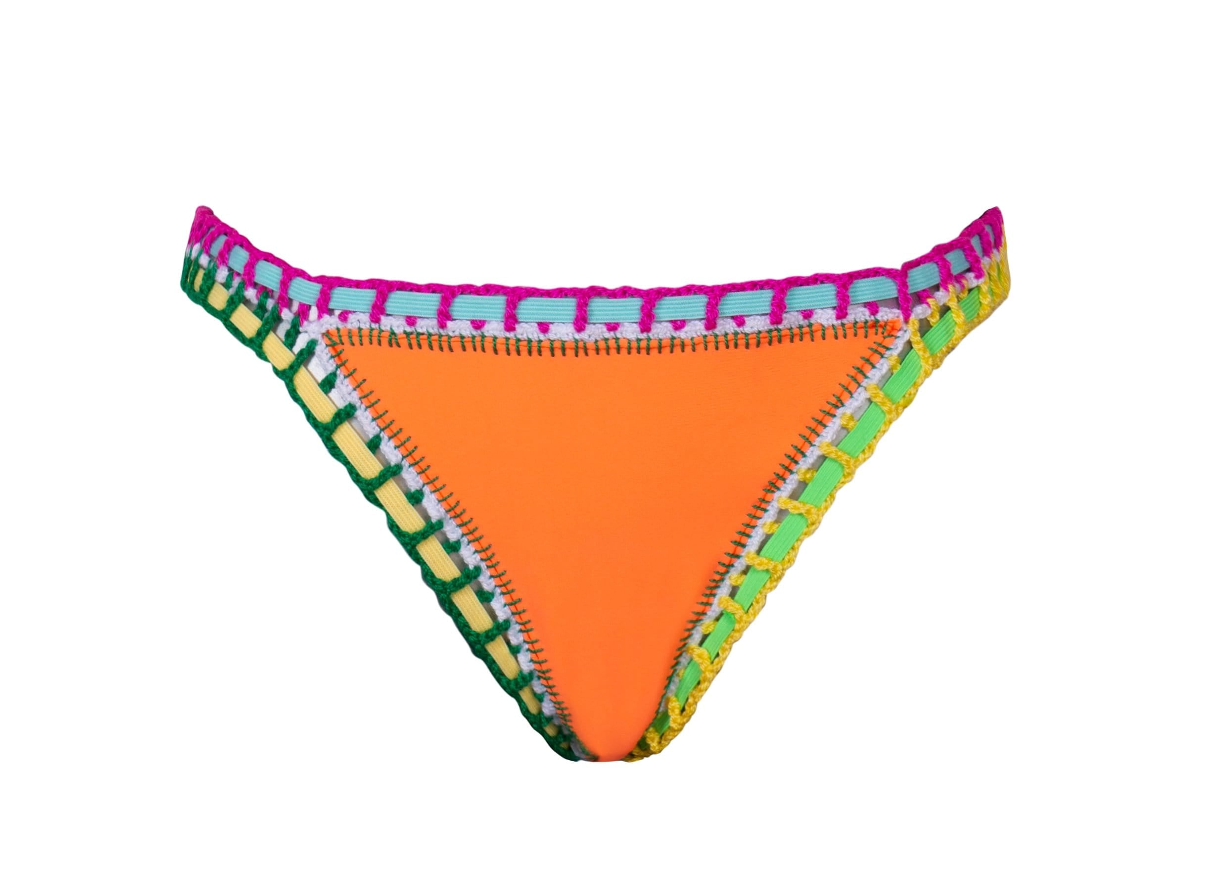 An orange bikini bottom against a white wall.