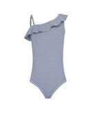 Blue and white striped one-shoulder swimsuit on a white background