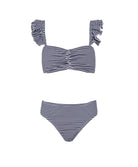 Striped bikini set with matching headband on a white background