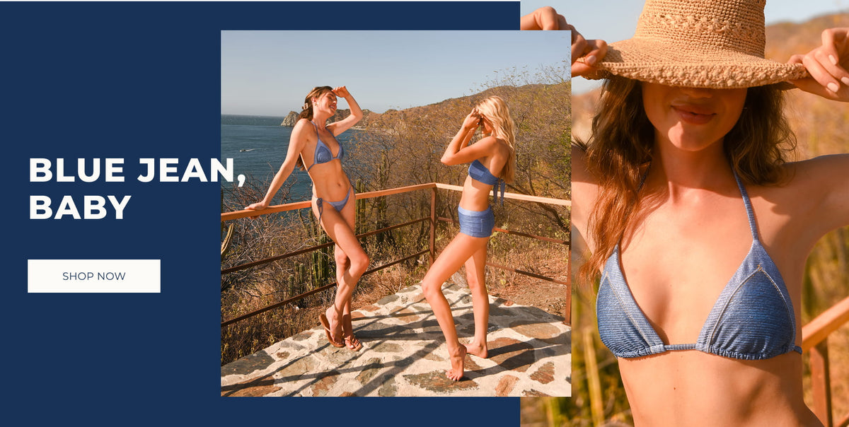 A promotional banner for a blue denim baby bikini. The left side features a dark blue panel with the text 'BLUE JEAN, BABY' and a 'SHOP NOW' button.