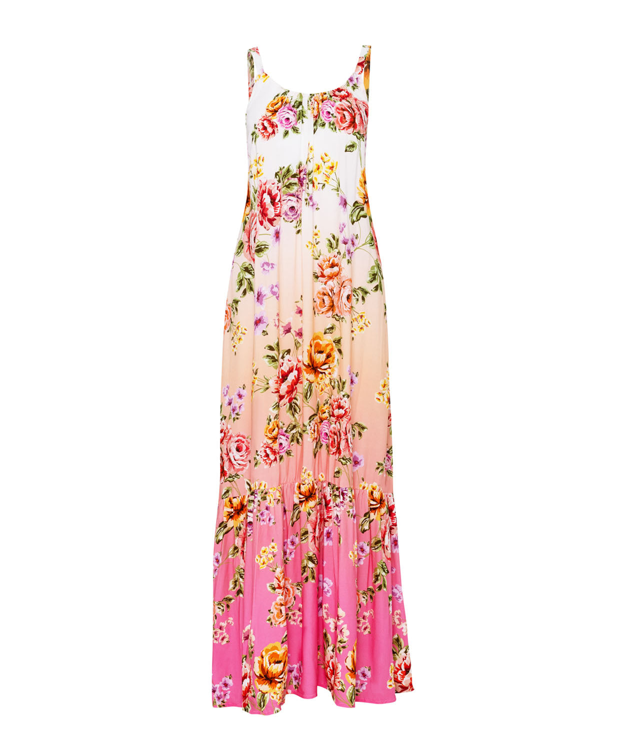 A floor length floral dress against a white wall.