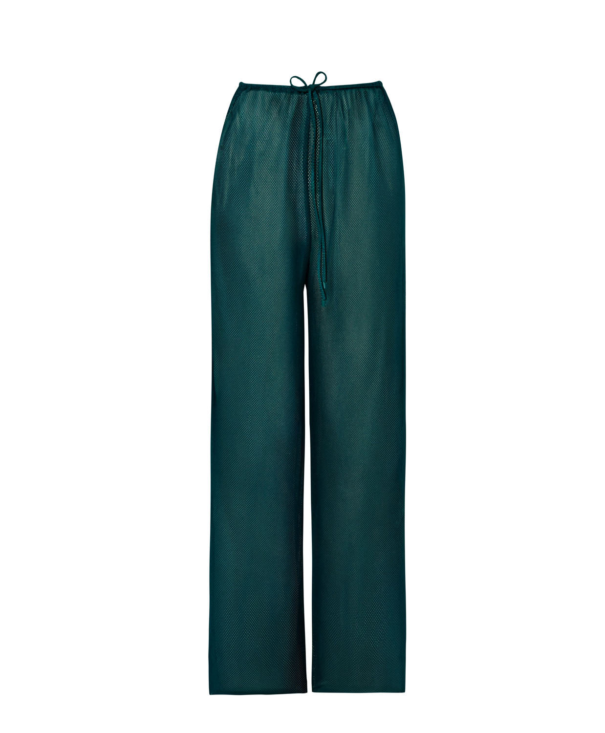 Long green pants with a drawstring against a white wall.