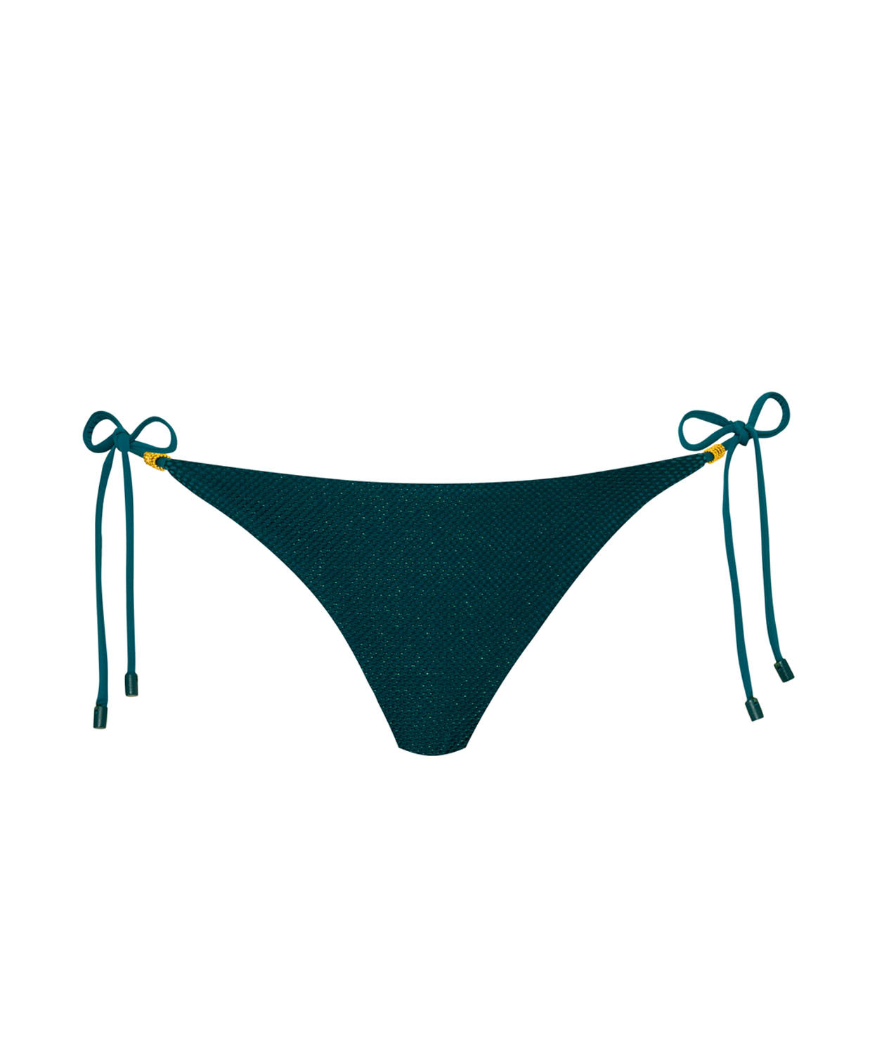 A green bikini bottom with tie sides against a white wall.