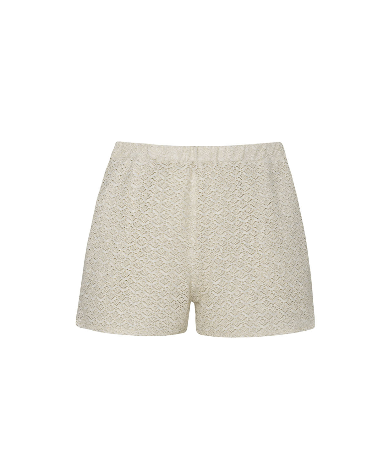 Ivory shorts with intricate details against a white wall. 