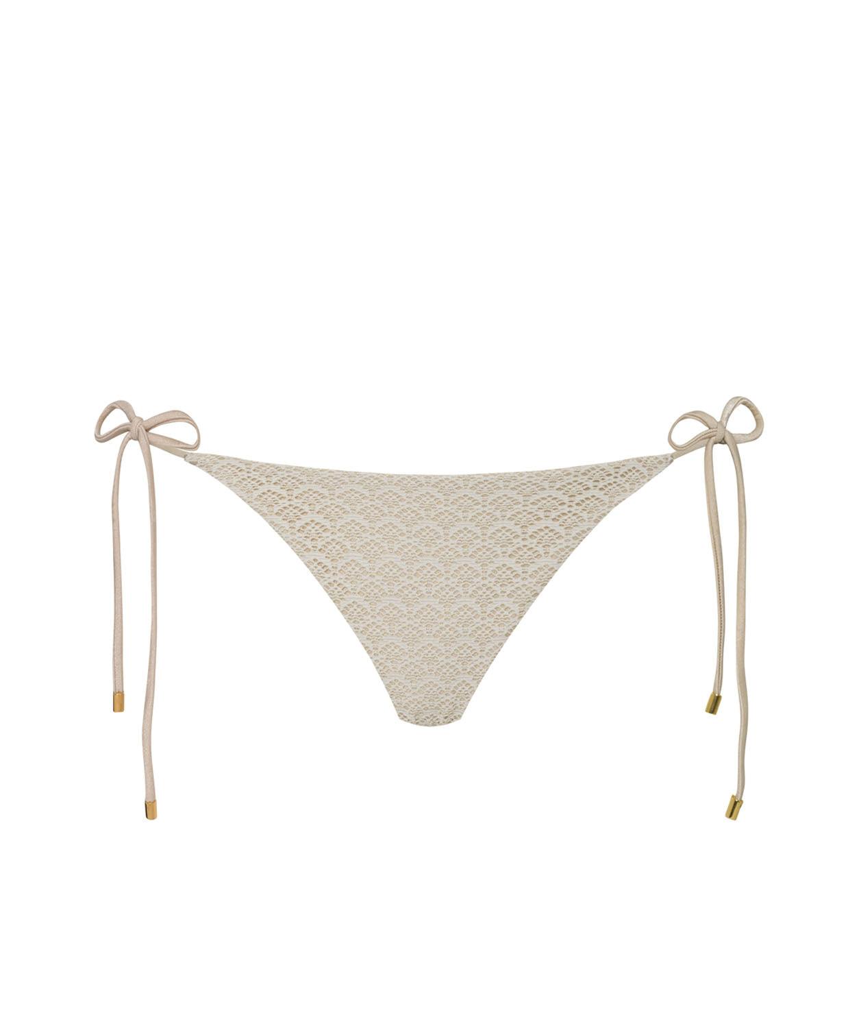 An ivory bikini bottom against a white wall. 