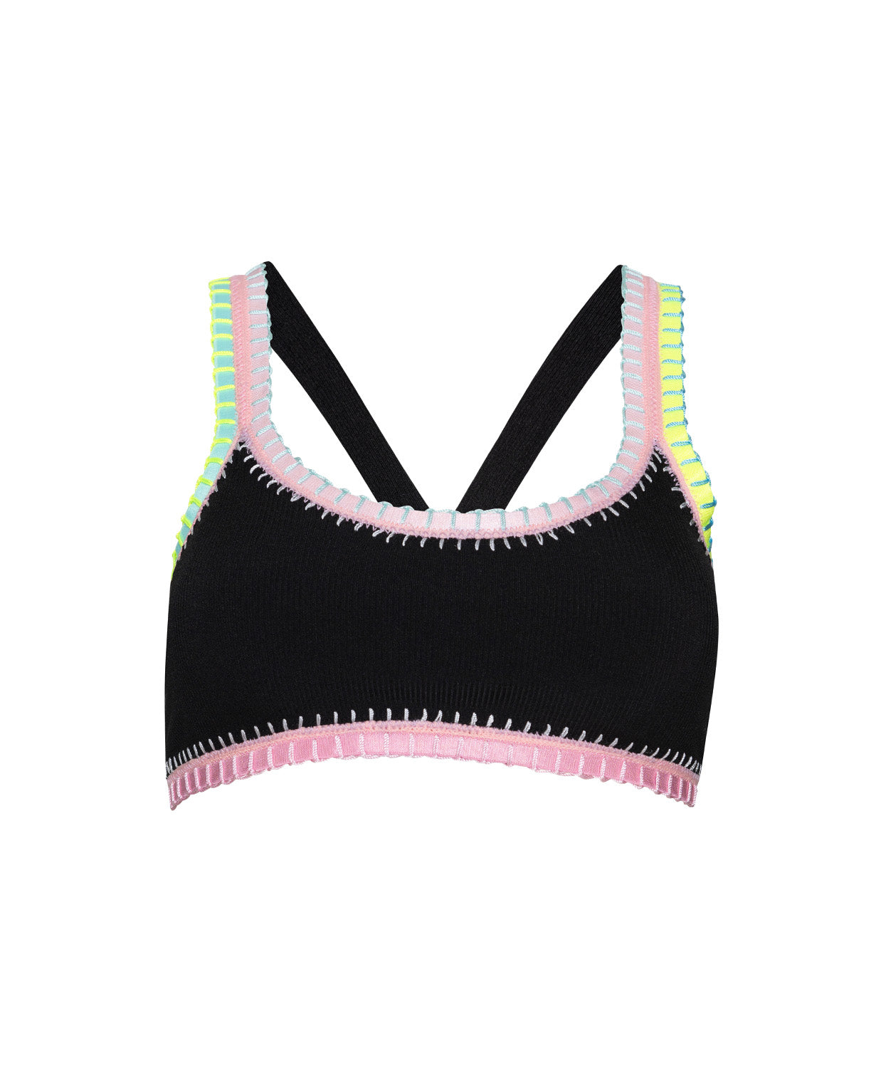 Black bikini top with colorful trim on a white background