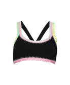 Black bikini top with colorful trim on a white background