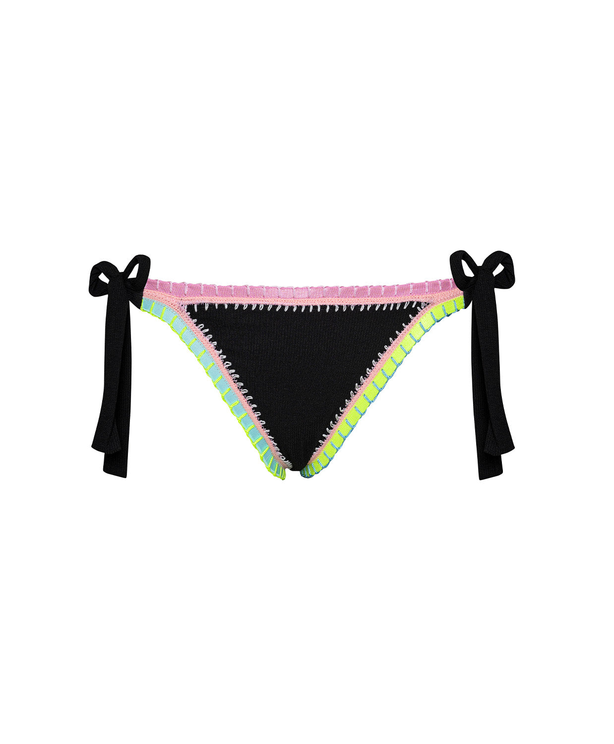 Black bikini bottom with colorful trim and bows on a white background