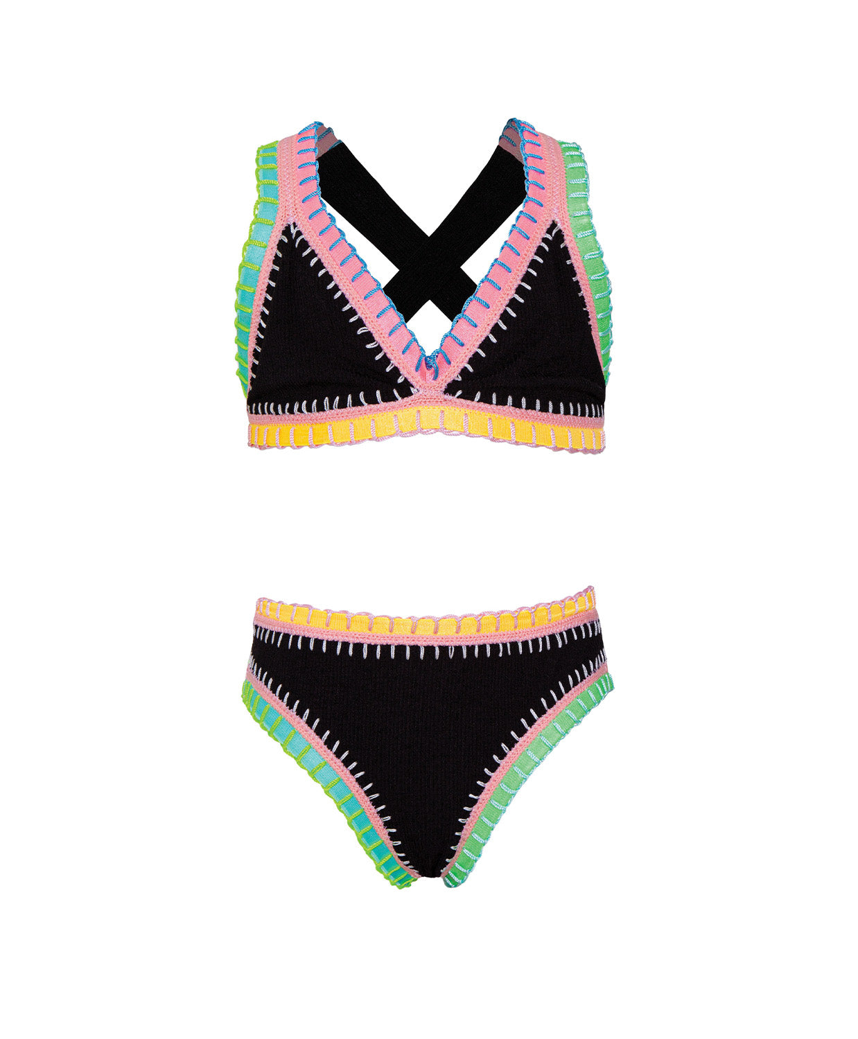 Black bikini with colorful trim on a white background