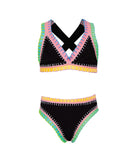 Black bikini with colorful trim on a white background