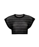 Black knit crop top in front of a white background. 