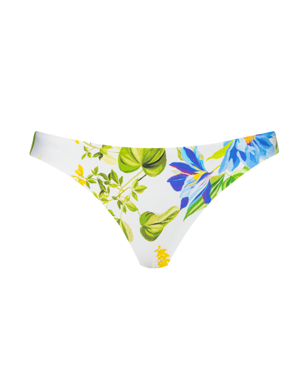 A floral print bikini bottom against a white wall.