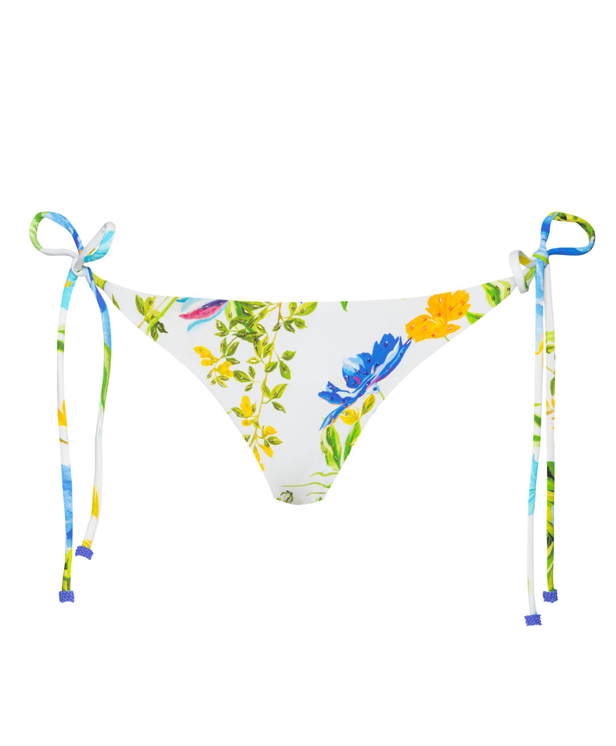 A bikini bottom with side ties and a floral print against a white wall.