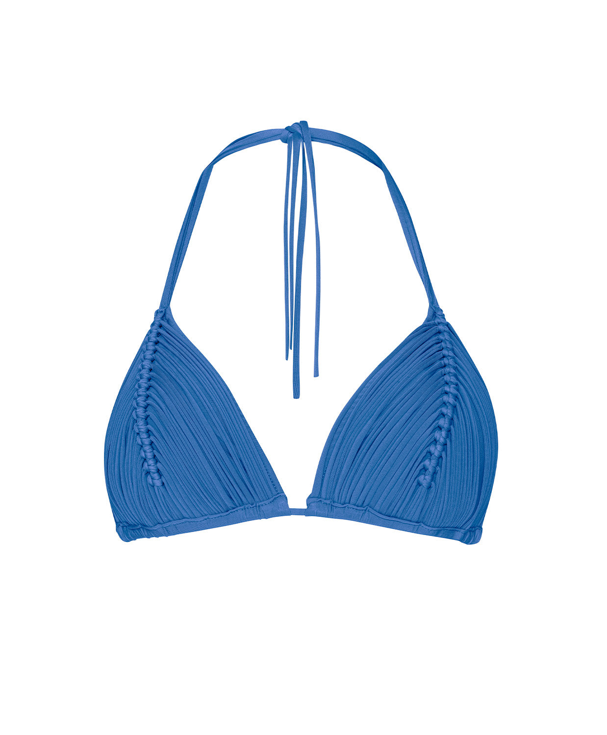 Blue bikini top with macrame details on a white background