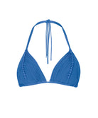 Blue bikini top with macrame details on a white background