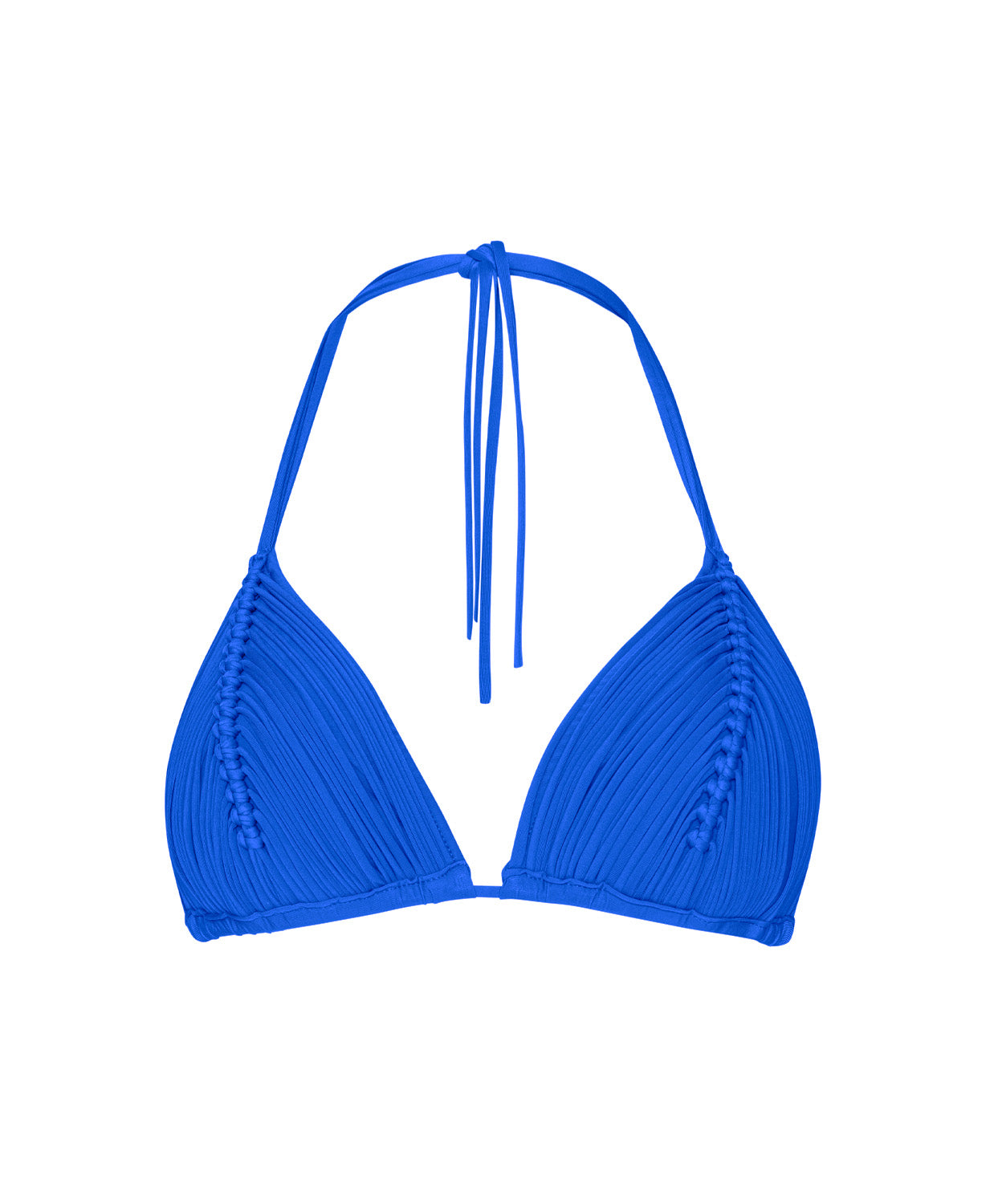 Blue bikini top on a white background