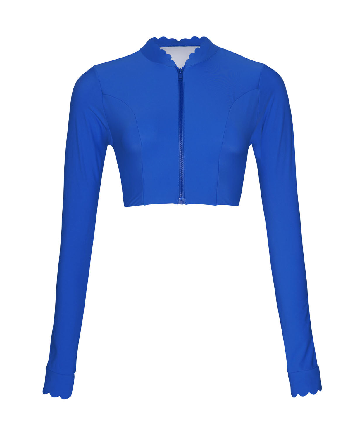 Blueberry Quinn Sun Top, a chic rash guard with scalloped collar and sleeves