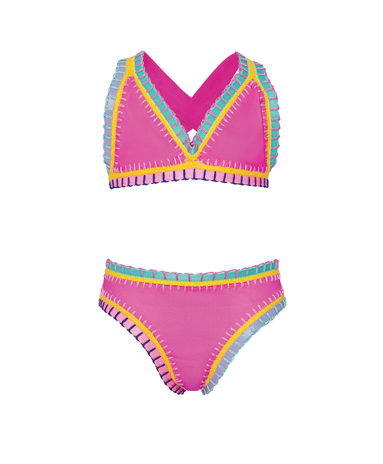 Pink bikini set with colorful trim on a white background