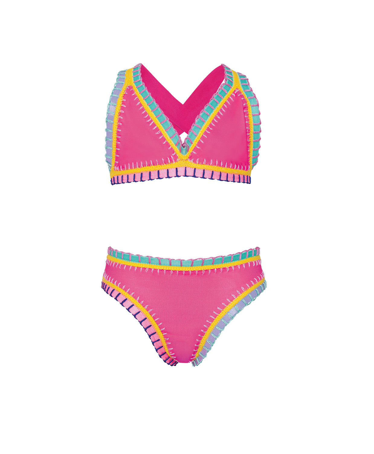 Pink bikini set with colorful trim on a white background
