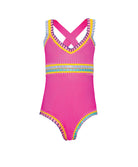Kids Bright Pink Sadie Rainbow Embroidered One Piece swimsuit with multicolor elastic embroidery and soft tie-dye design.