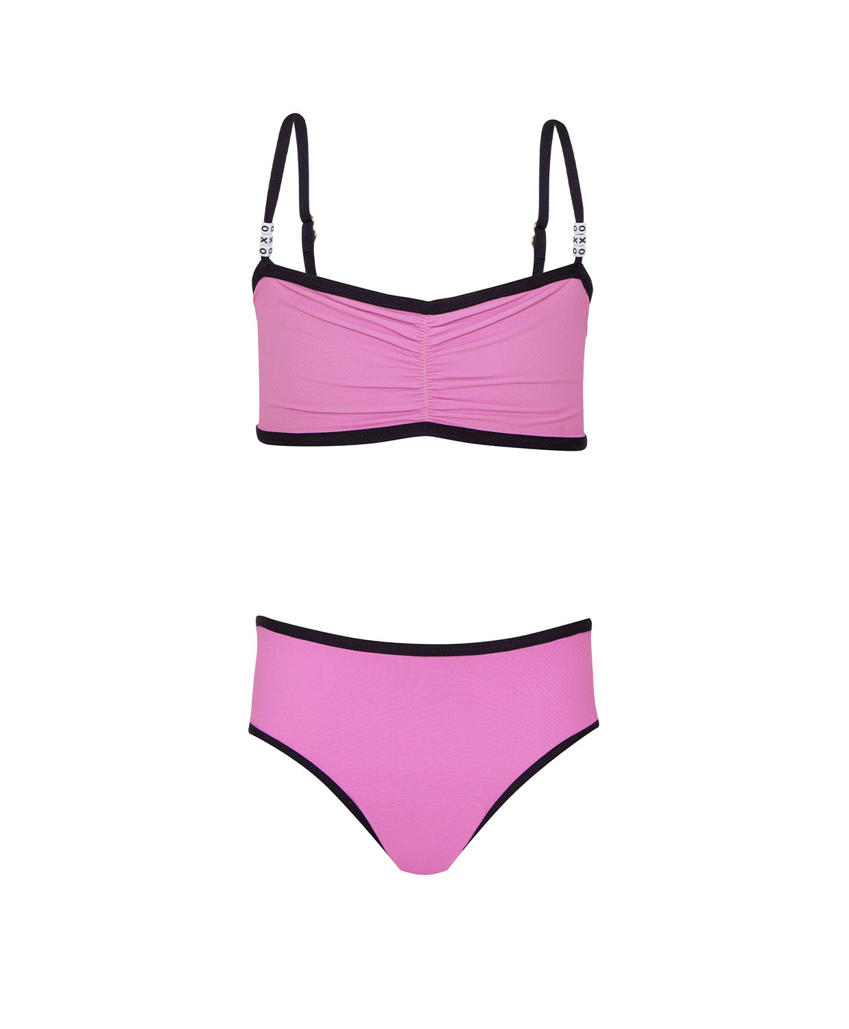 Pink bikini set with black trim on a white background