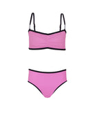 Pink bikini set with black trim on a white background