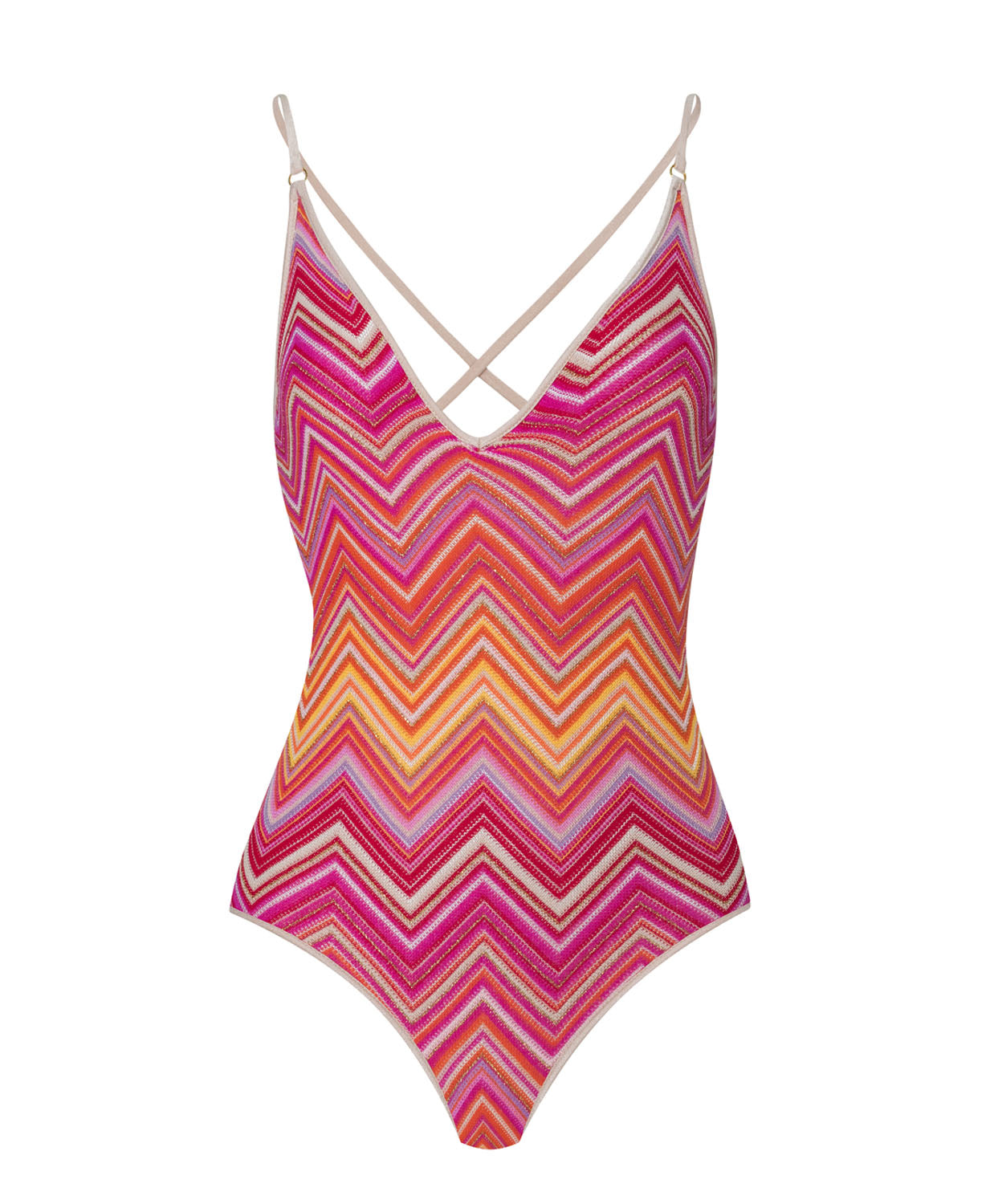 A pink and orange striped one piece swim suit against a white wall.