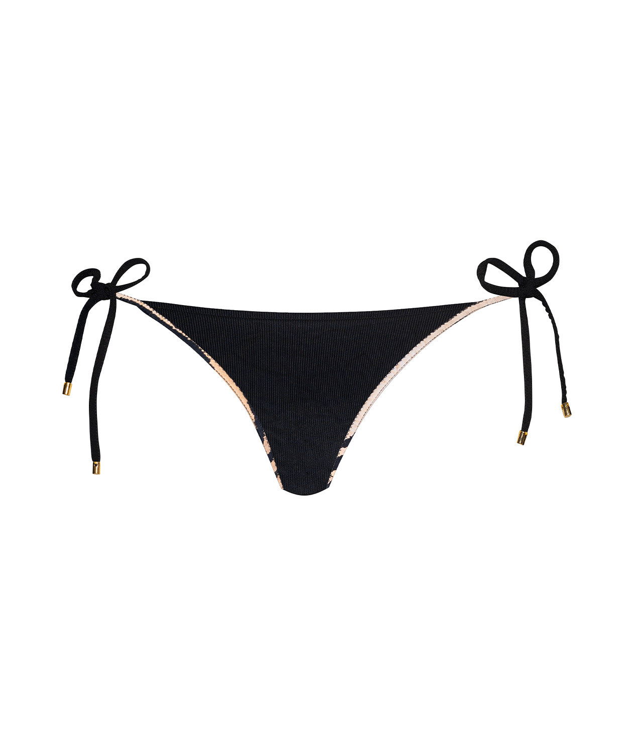 Black bikini bottom with tie sides on a white background