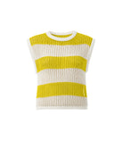 Yellow and white striped sleeveless knitted top on a white background