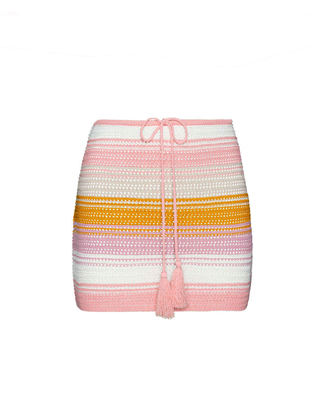 A colorful crochet skirt with a drawstring against a white wall.