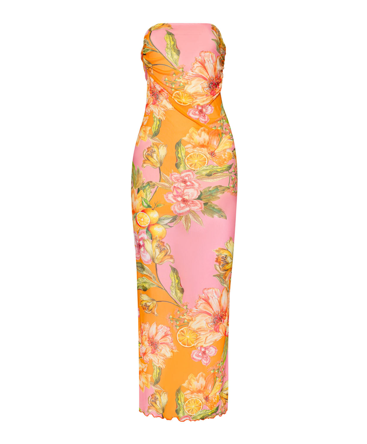 A long strapless pink and orange dress with a floral print against a white wall.