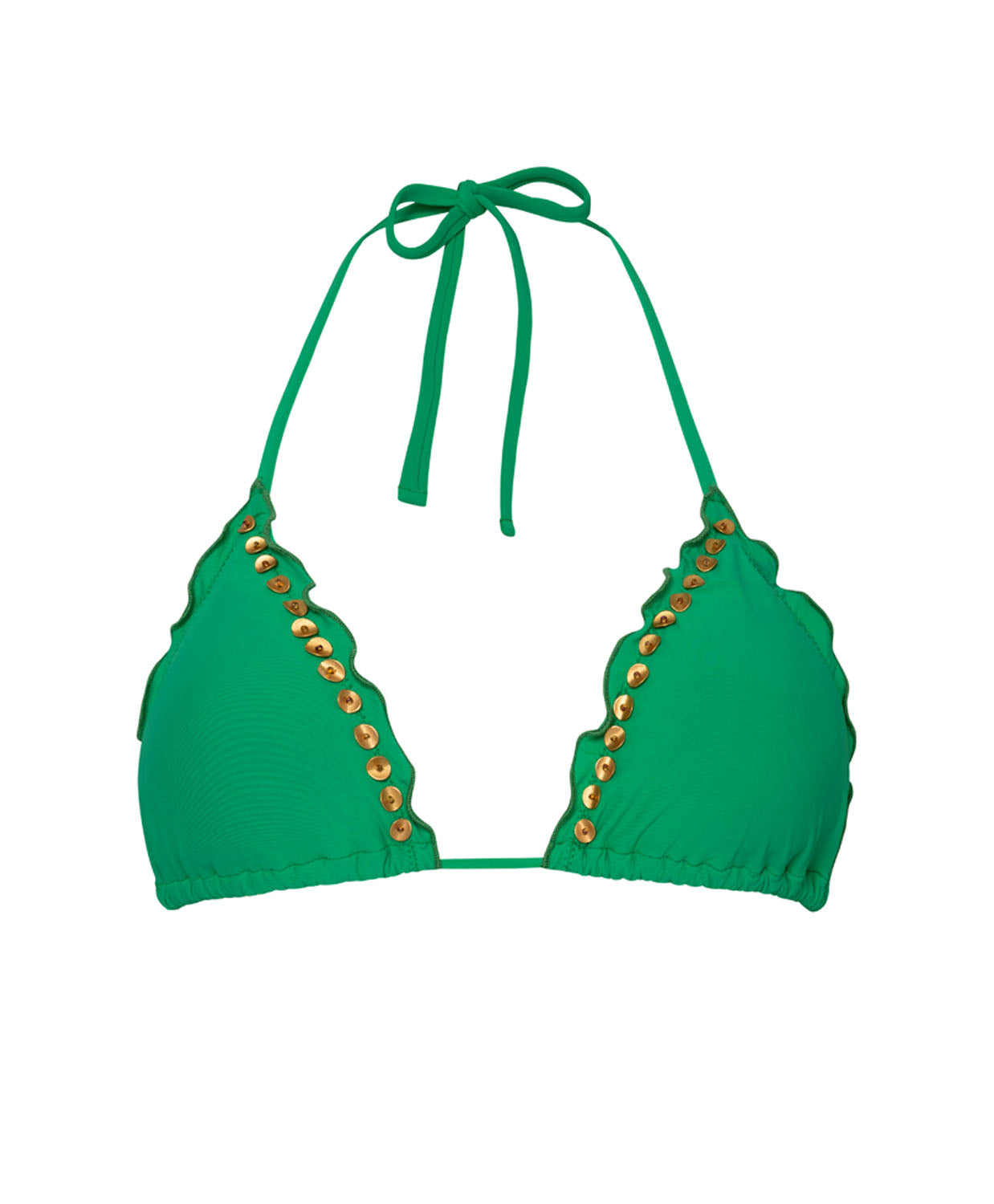 A green bikini triangle top against a white wall background. 