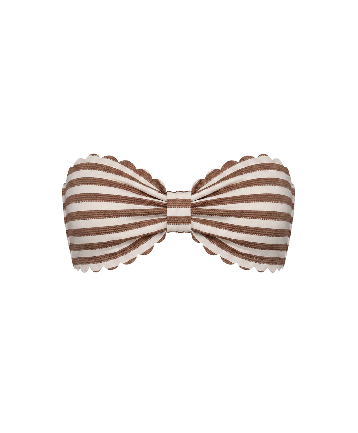 A striped bow tie bandeau top made of fabric with alternating brown and cream horizontal stripes, finished with a scalloped edge, shown on a plain white background.