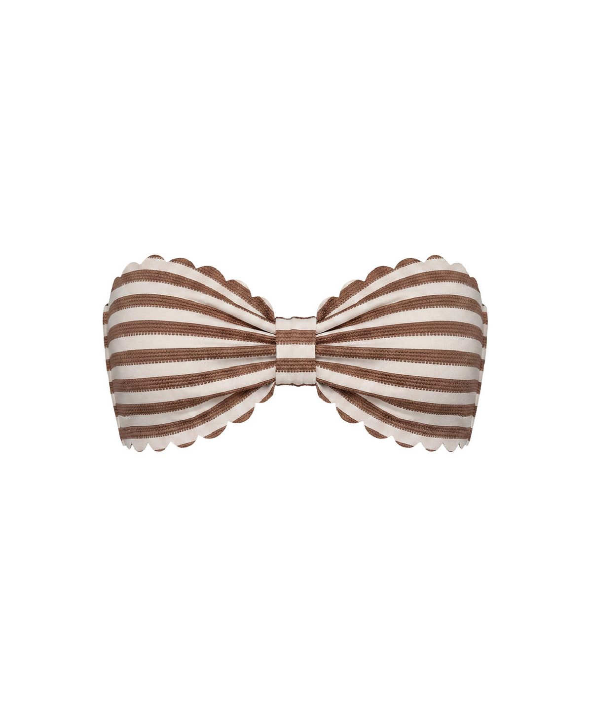A striped bow tie bandeau top made of fabric with alternating brown and cream horizontal stripes, finished with a scalloped edge, shown on a plain white background.