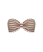 A striped bow tie bandeau top made of fabric with alternating brown and cream horizontal stripes, finished with a scalloped edge, shown on a plain white background.