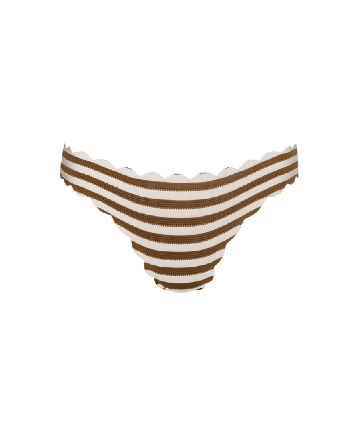A pair of women's bikini bottoms featuring horizontal brown and cream stripes with a scalloped edge, displayed on a solid white background.