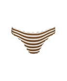 A pair of women's bikini bottoms featuring horizontal brown and cream stripes with a scalloped edge, displayed on a solid white background.