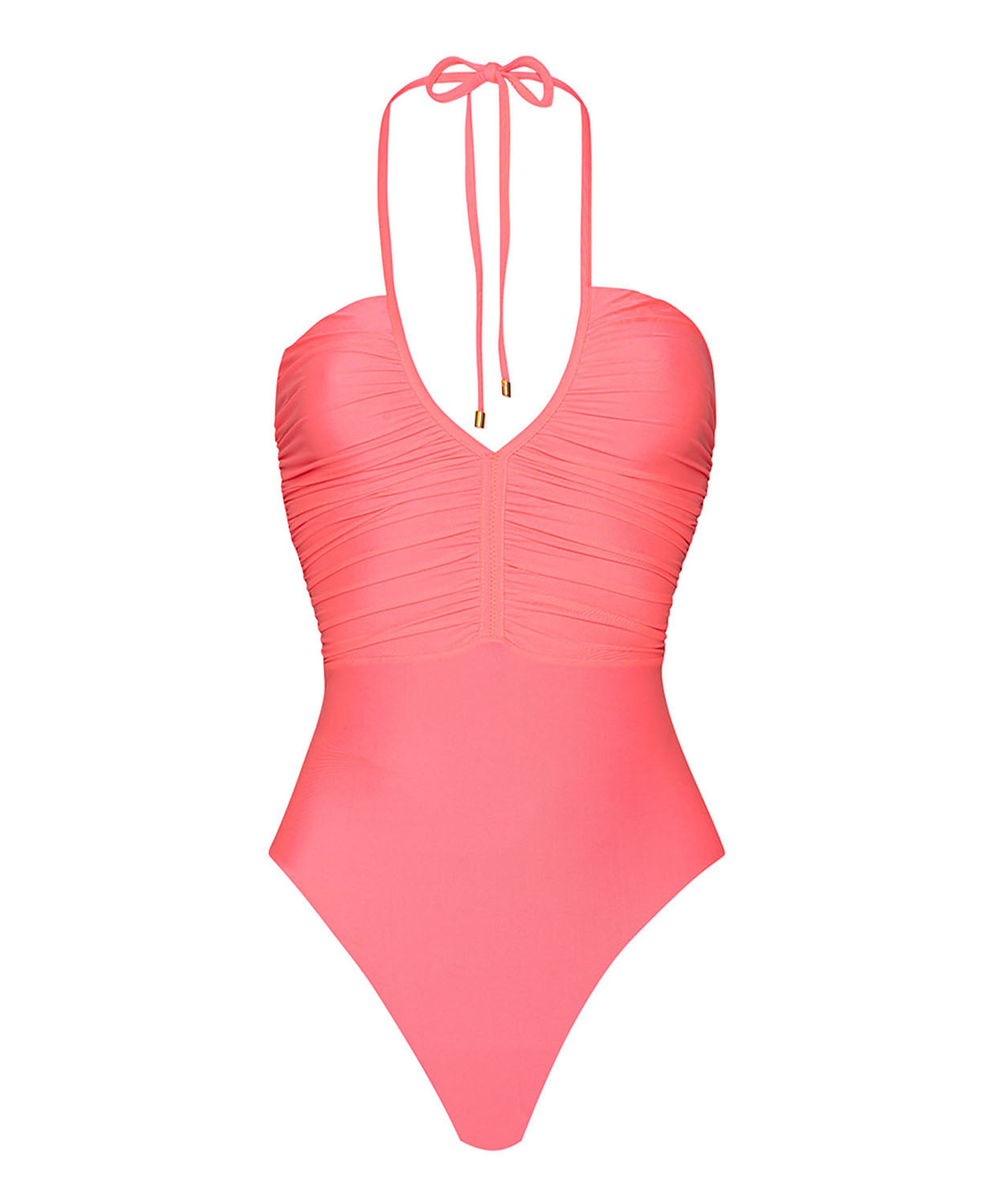 Coral one-piece swimsuit with halter neck design on a white background