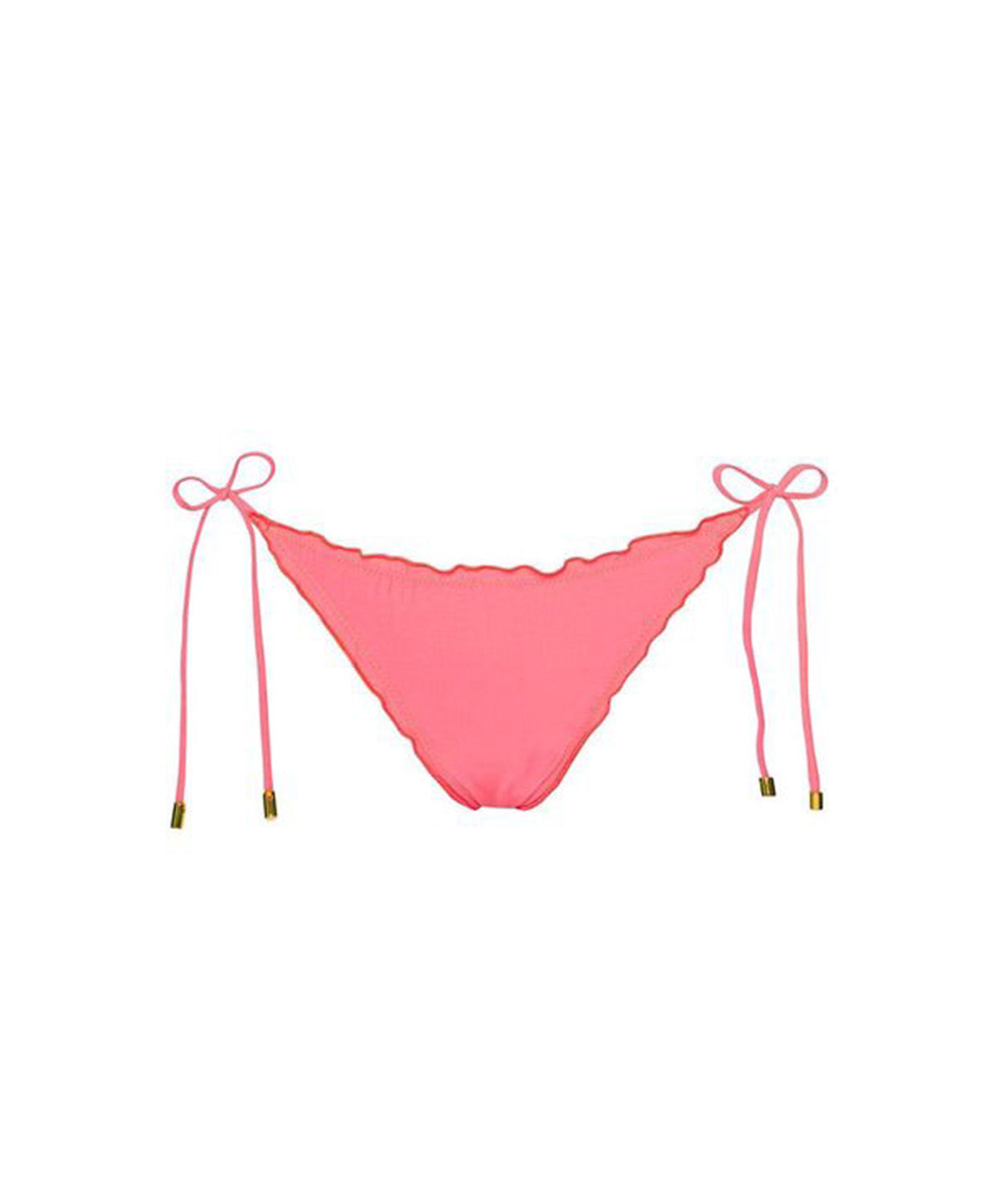 Pink bikini bottom with string ties on a white background