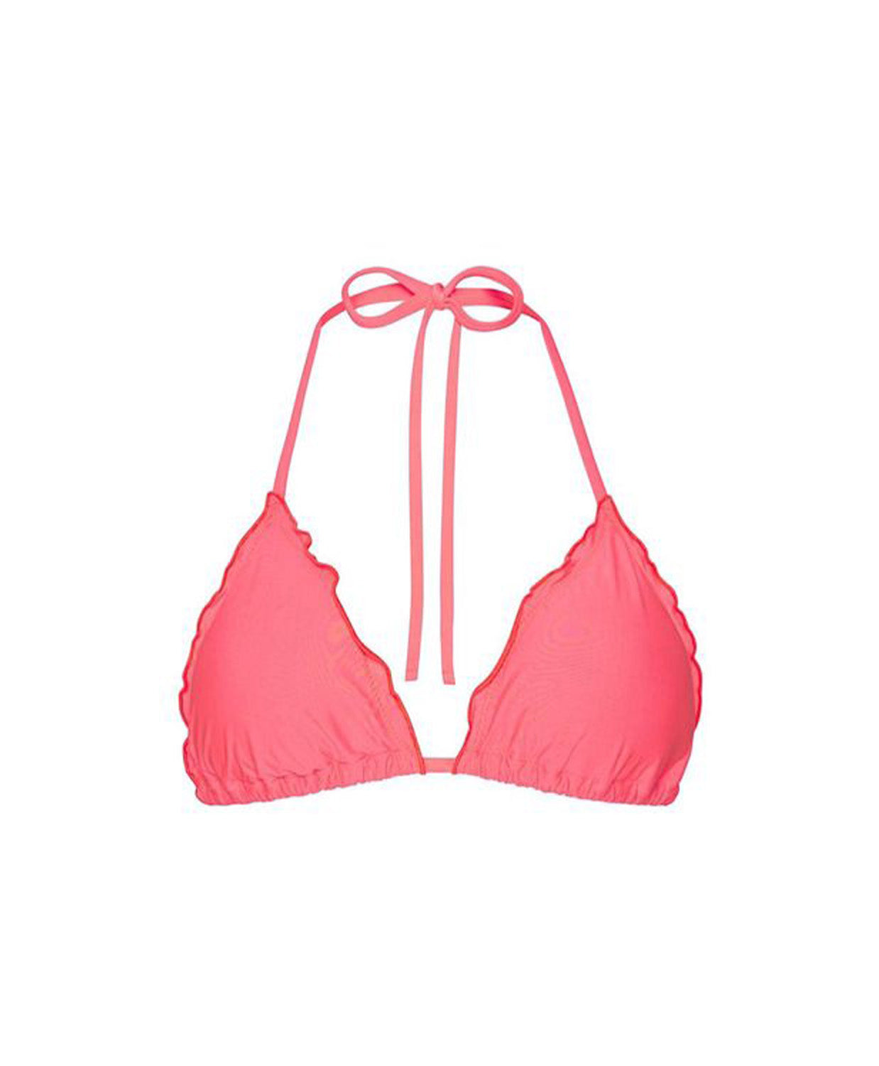 Pink bikini top with thin straps on a white background