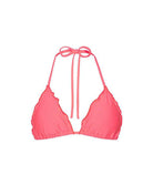 Pink bikini top with thin straps on a white background