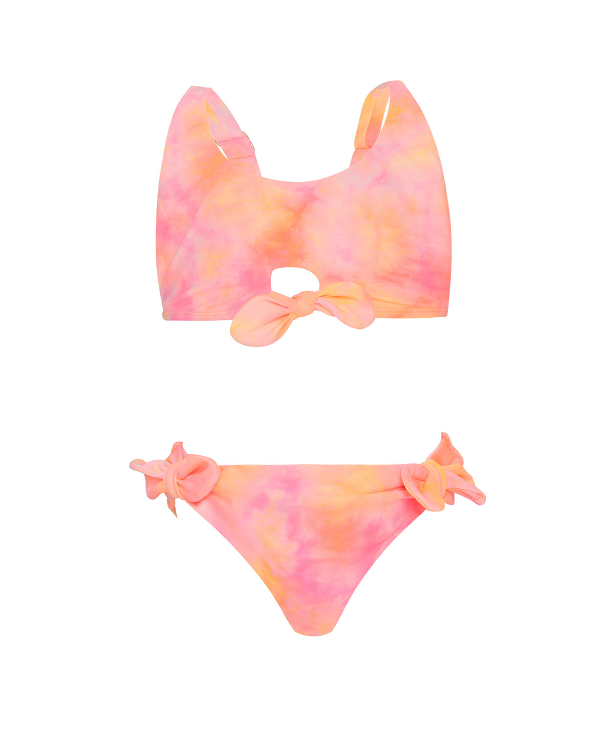 Kids Del Mar Tie Dye Annie Bow Bikini with pink and orange tie-dye print and mini bow details for a playful summer look.