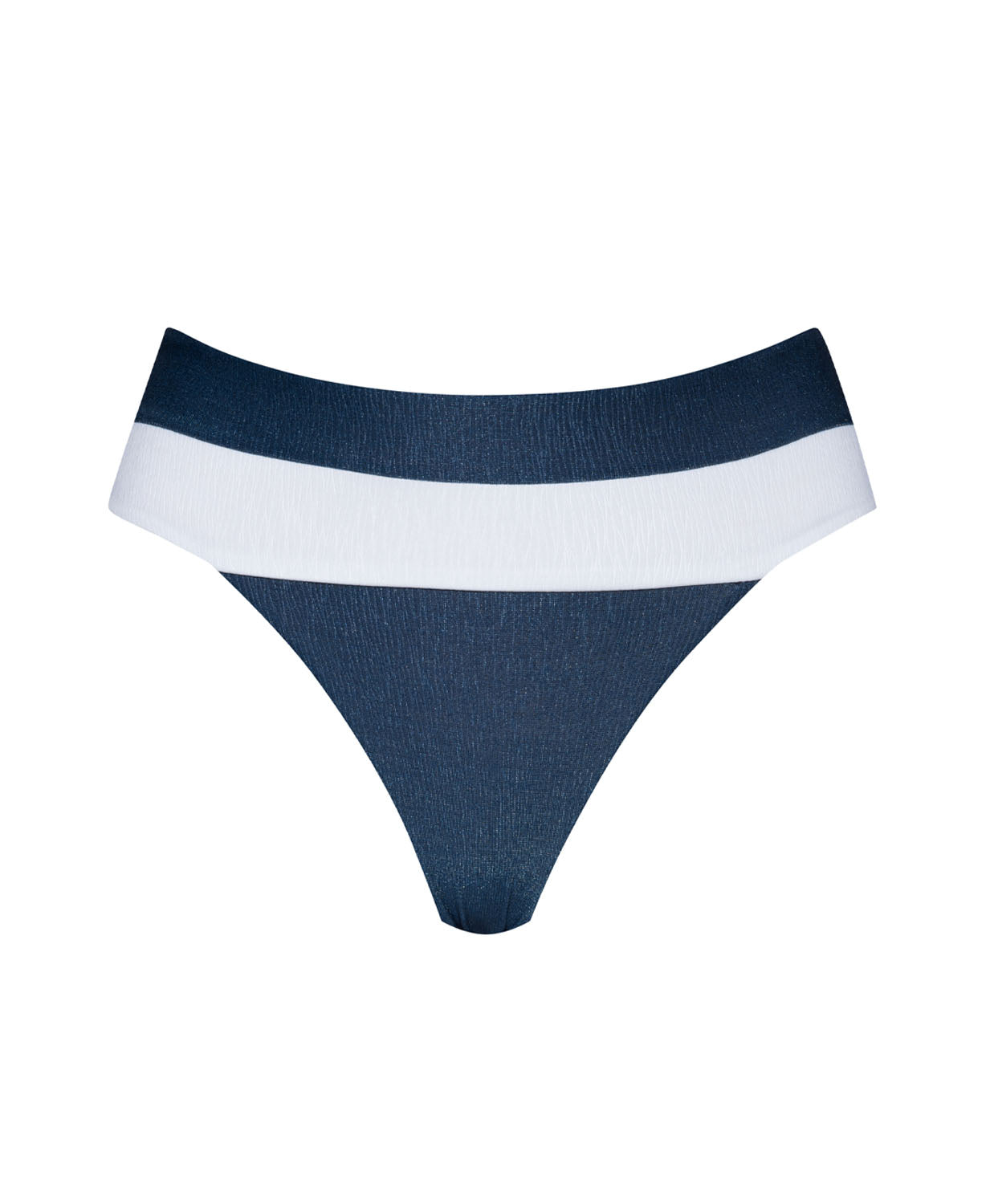 A navy and white color block bikini bottom against a white wall.