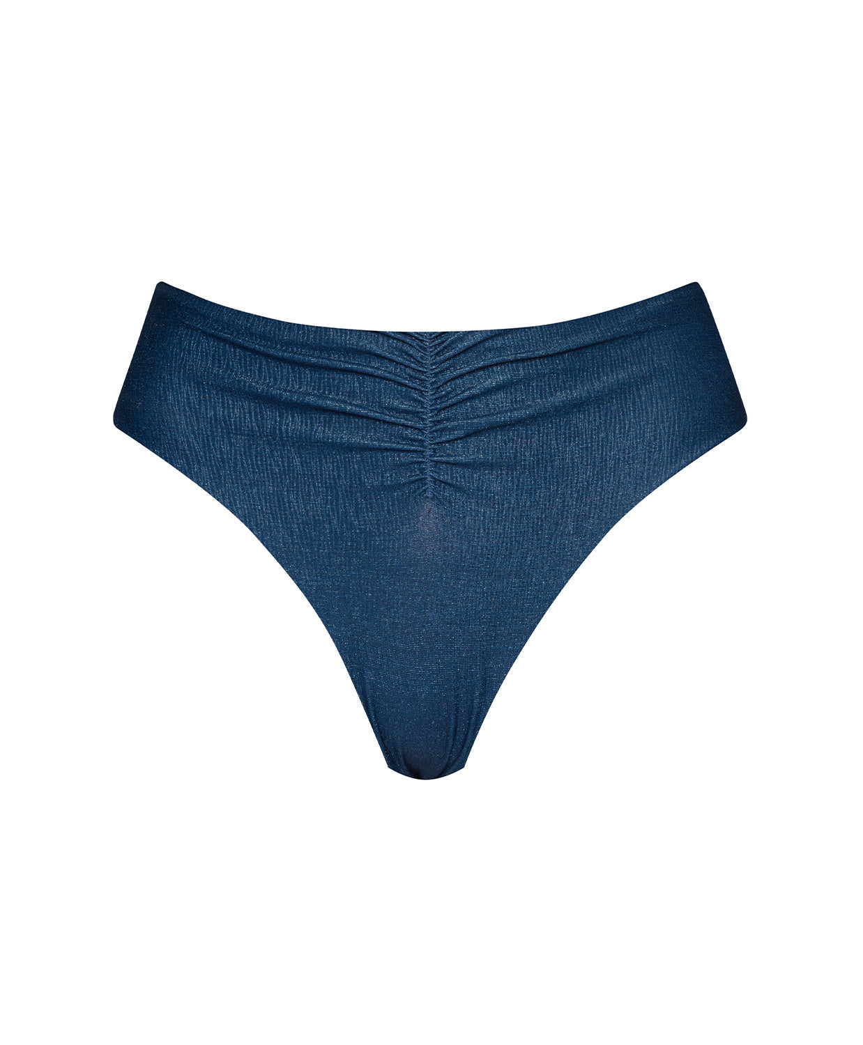 A navy high waist bikini bottom against a white wall.