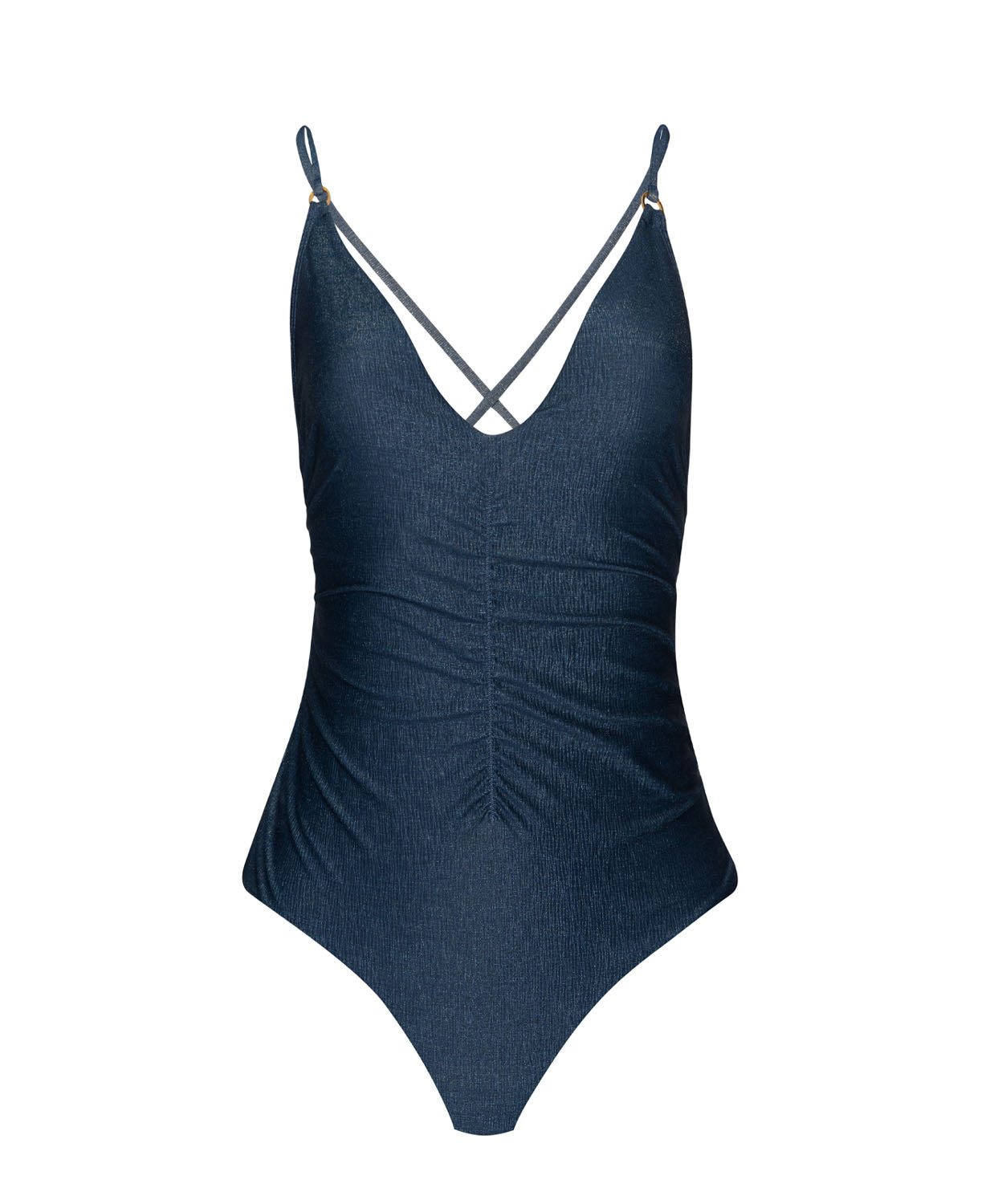 A navy one piece swim suit against a white wall.