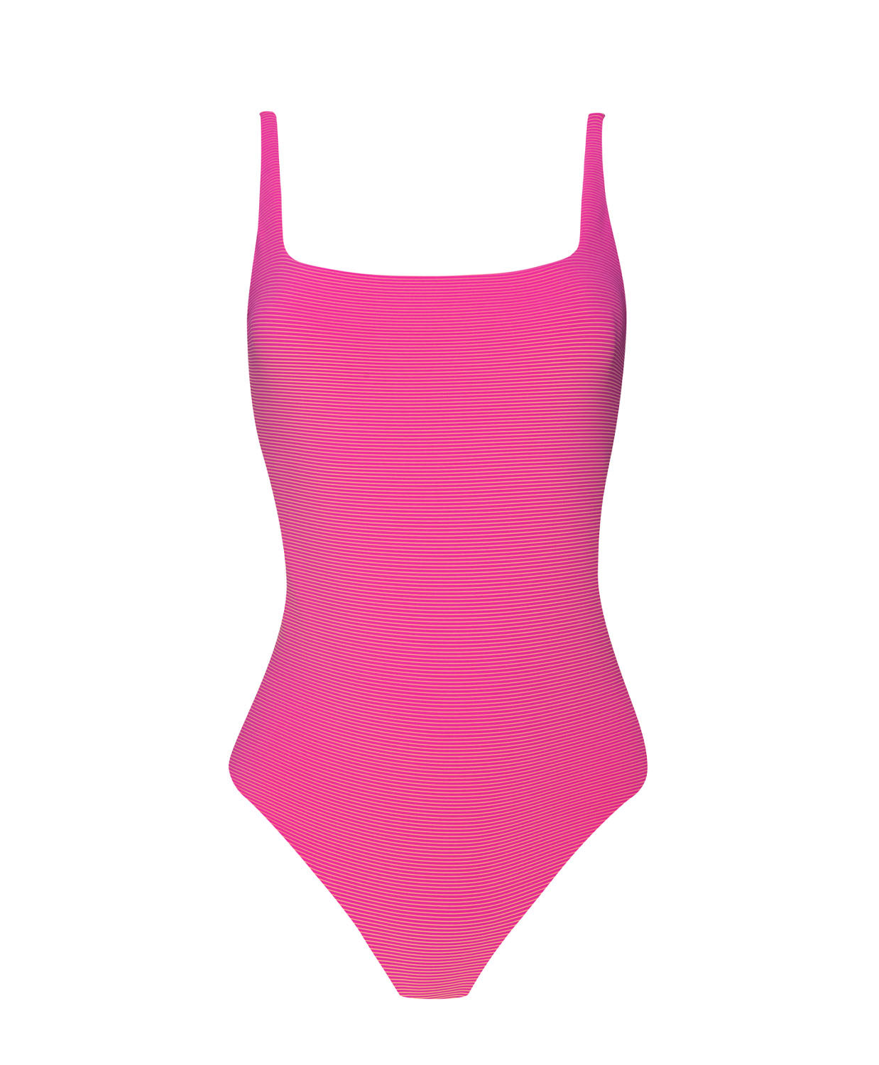 A pink square neck one piece bathing suit in front of a white background.