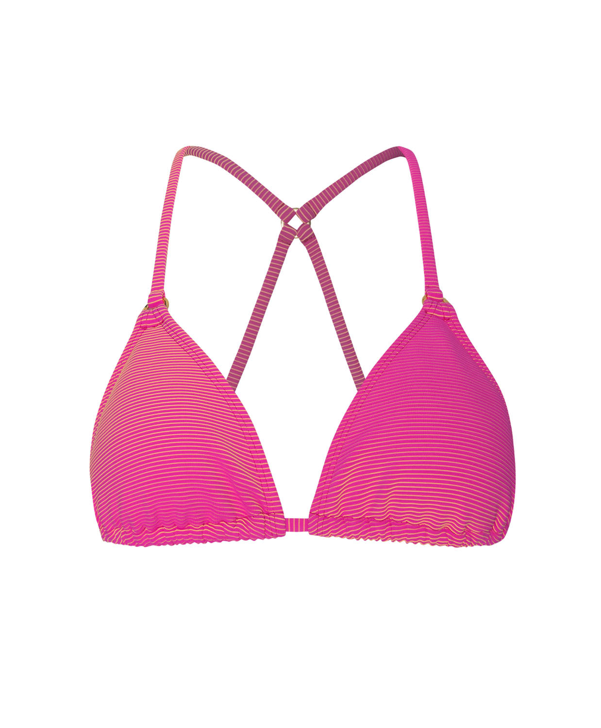 A pink triangle bikini in front of a white background.