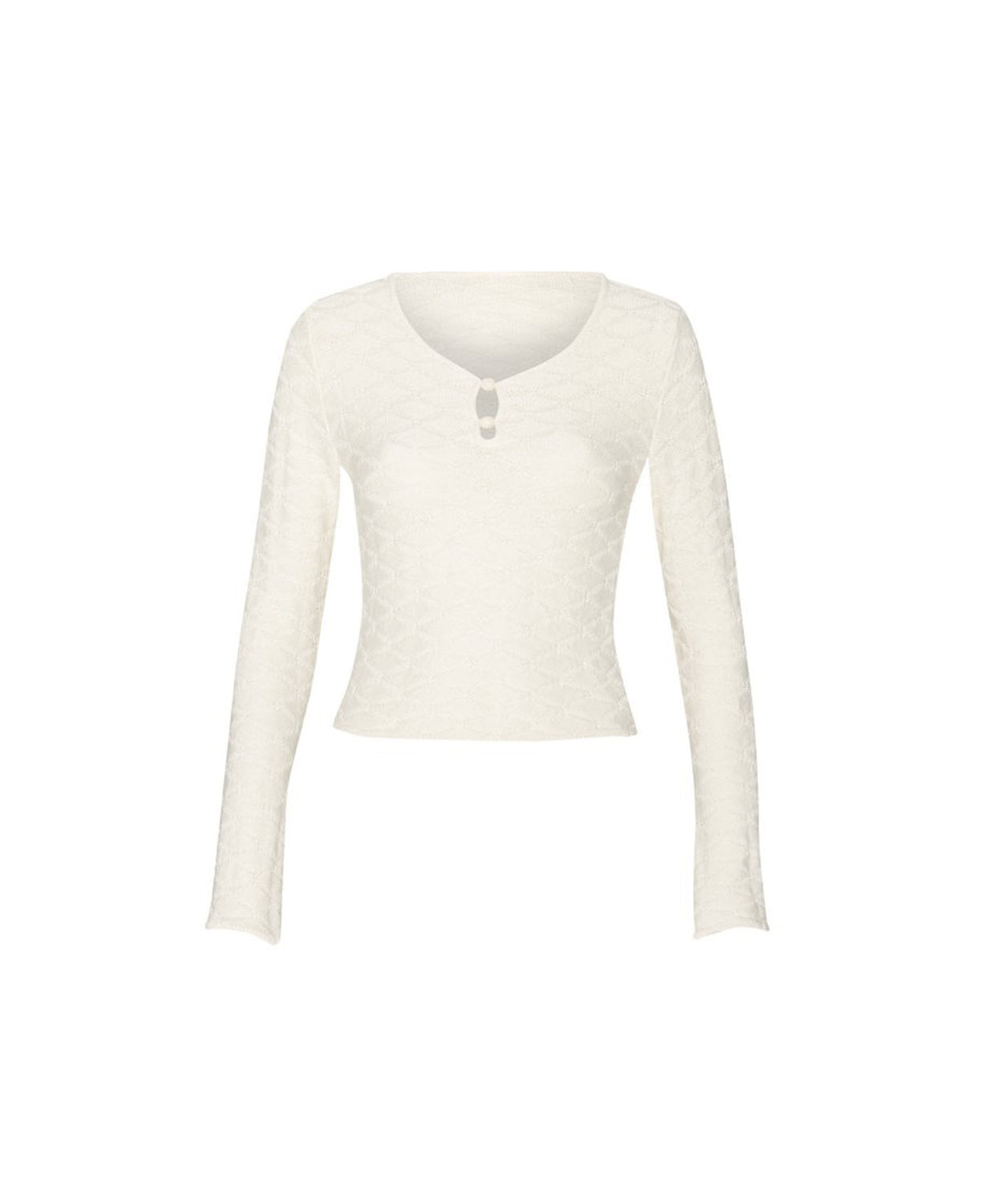 A cream long-sleeve cropped knit top with a scoop neckline and a small keyhole cutout at the center chest, displayed on a solid white background.