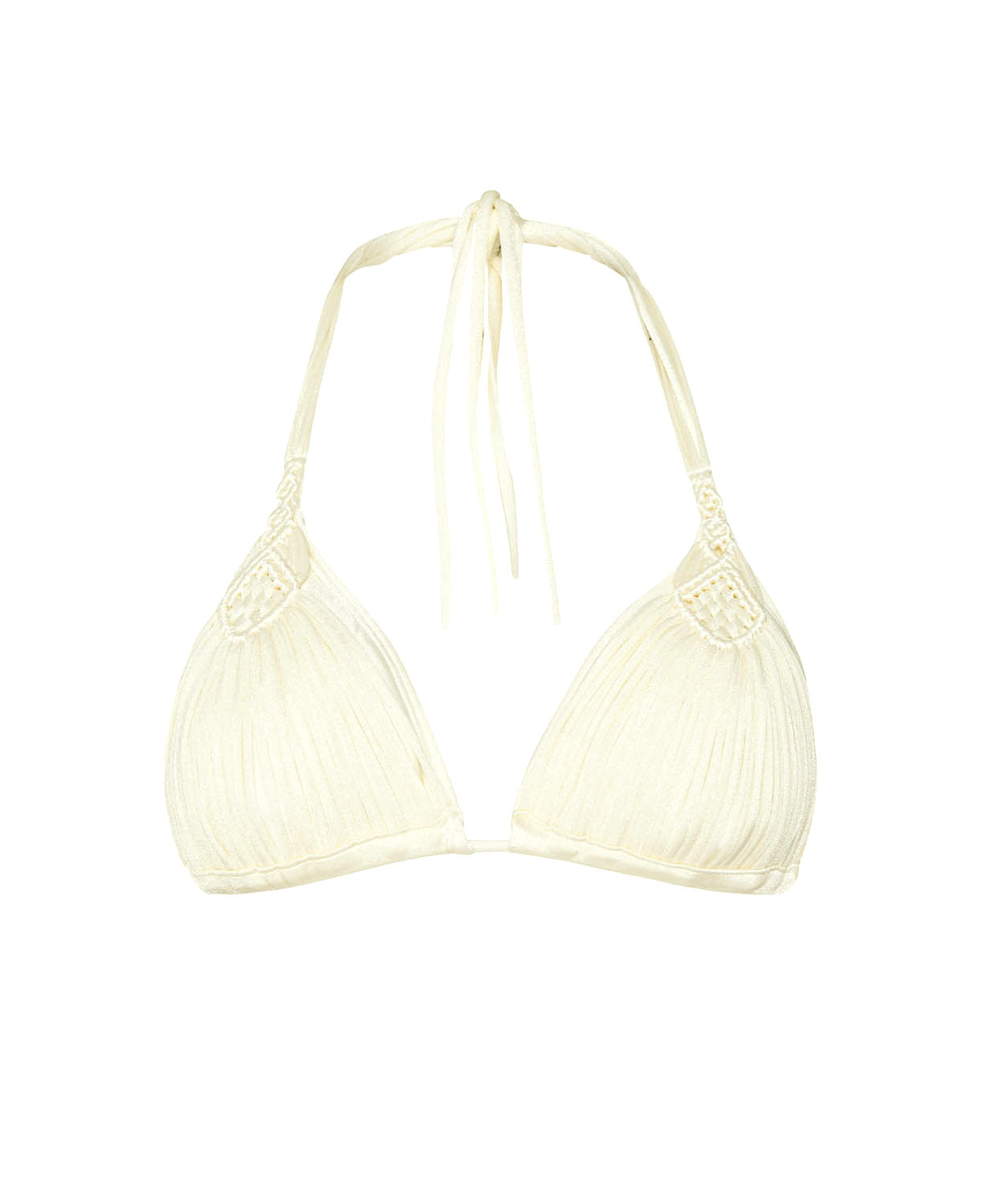 A cream triangle bikini top against a white wall. 